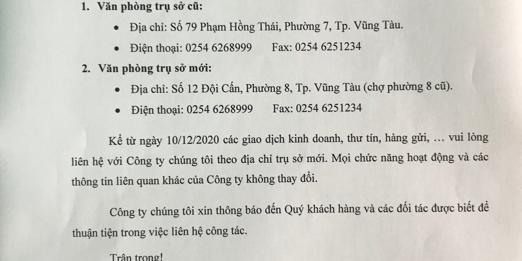 THÔNG BÁO THAY ĐỔI ĐỊA ĐIỂM TRỤ SỞ CTY